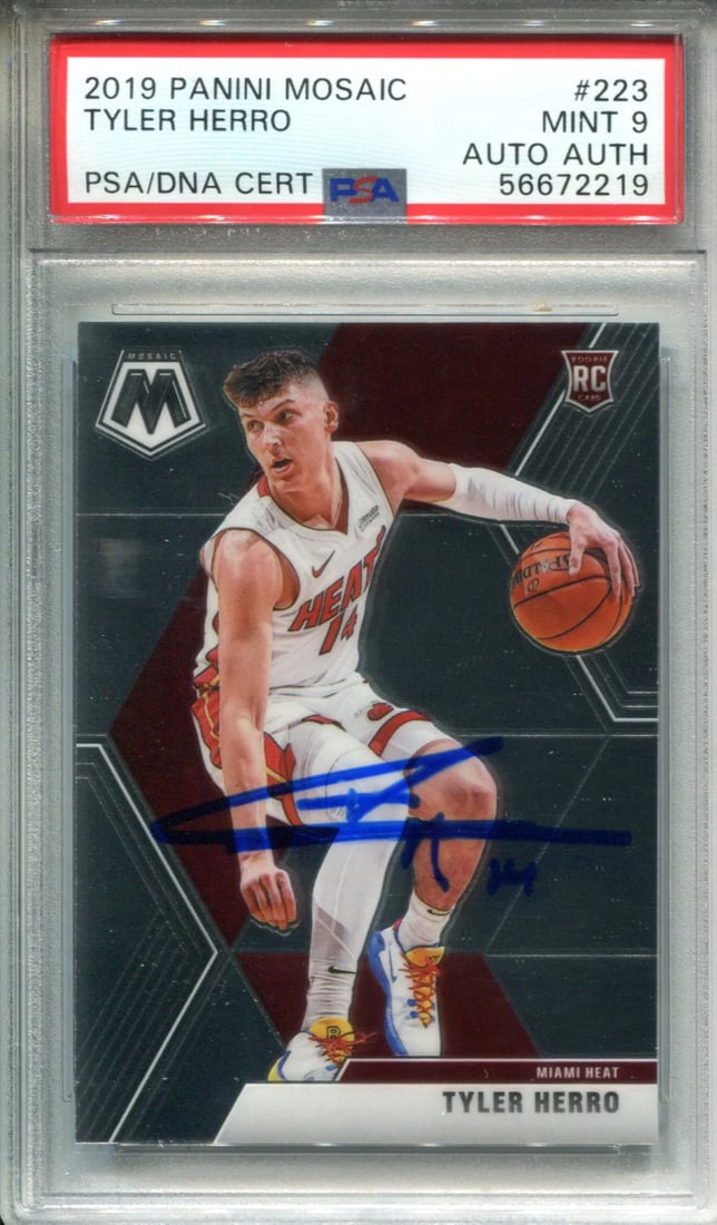 Herro Tyler 2019 Panini Mosaic #223 PSA Auto Authentic Card Mint: Herro Tyler 2019 Panini Mosaic #223 PSA Auto Authentic Card Mint Mint condition, PSA-graded Panini Mosaic #223 card featuring Tyler Herro's auto signature. This rare collectible boasts a high level of