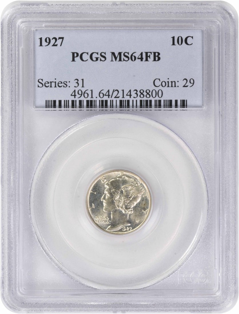 1927 Mercury Silver Dime MS64FB PCGS: 1927 Mercury Silver Dime MS64FB PCGS The 1927 Mercury Silver Dime MS64FB PCGS is a highly detailed and intricately designed coin, featuring the work of renowned artist Adolph Alexander Weinman. With i
