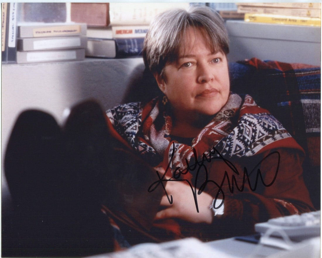 Kathy Bates Autographed 8x10 Photo: Kathy Bates Autographed 8x10 Photo Kathy Bates' sharpie signature adds a touch of Hollywood glamour to this 8x10 photo, capturing her iconic presence. The item comes with an authentication from Rich A