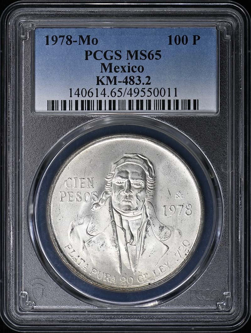 1978-Mo 100 P Pesos Mexico PCGS MS65: 1978-Mo 100 P Pesos Mexico PCGS MS65 This 1978 Mexico 100 P Pesos coin, graded MS65 by PCGS, showcases exceptional preservation and detail. With its uncirculated condition, it offers a rare glimpse in