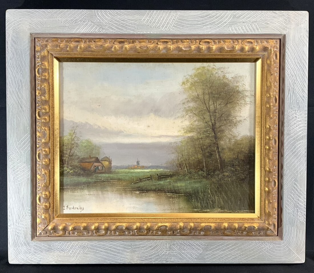 European landscape oil painting windmill framed by Frederiks: European landscape oil painting windmill framed by Frederiks Item Specifics: Artist: J Frederiks Unit Of Sale: Single Piece Signed By: J Frederiks Signed: Yes Size: Large Material: Oil Framing: Framed