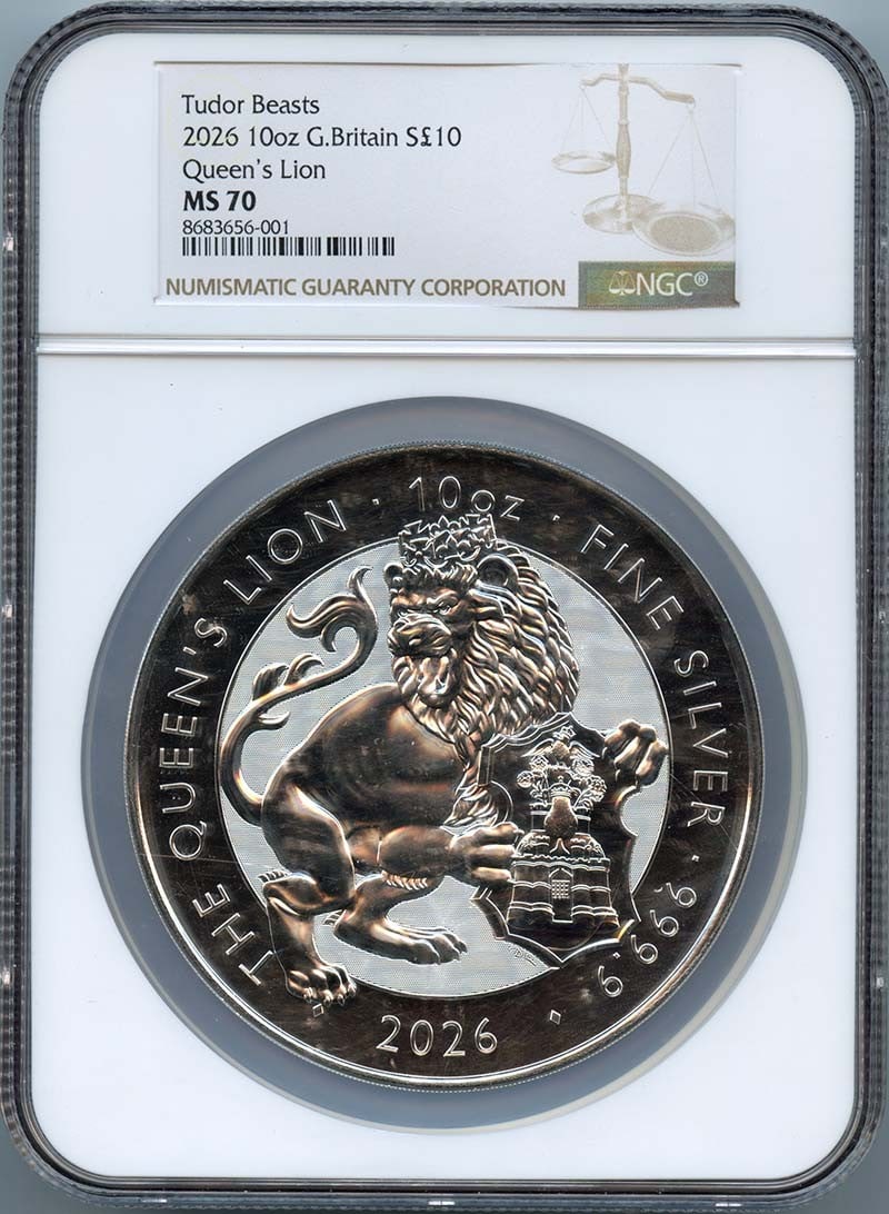 2026 10oz-G.BRITAIN G.BRITAIN Queen's Lion Tudor Beasts S10PND NGC MS70: 2026 10oz-G.BRITAIN G.BRITAIN Queen's Lion Tudor Beasts S10PND NGC MS70 The 2026 10oz-G.BRITAIN G.BRITAIN Queen's Lion Tudor Beasts S10PND NGC MS70 features a stunning design, showcasing the majestic 