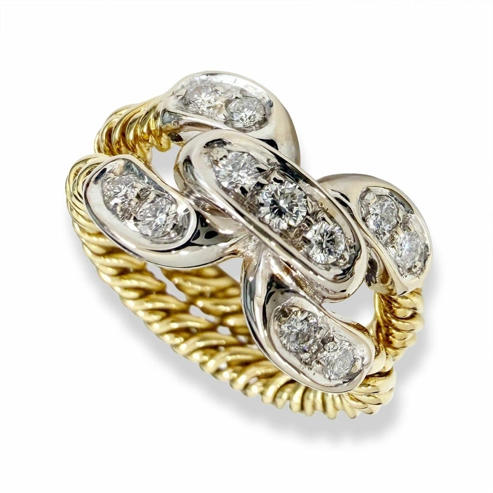 Pomellato Vintage Diamond 18k Yellow White Gold Twist Chain Two Row Ring US 5.5: Pomellato Vintage Diamond 18k Yellow White Gold Twist Chain Two Row Ring US 5.5 Item Specifics: Shape: Round Occasion: Anniversary Birthday Christening Christmas Engagement Graduation Mother"s Day Val