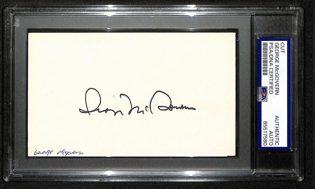 George McGovern Signed/ Auto Cut on 3x5 Card U.S. Senator PSA/ DNA 197027: George McGovern Signed/ Auto Cut on 3x5 Card U.S. Senator PSA/ DNA 197027 Signed by George McGovern on a 3x5 card, this auto cut features the U.S. Senator's signature in a unique and distinctive style