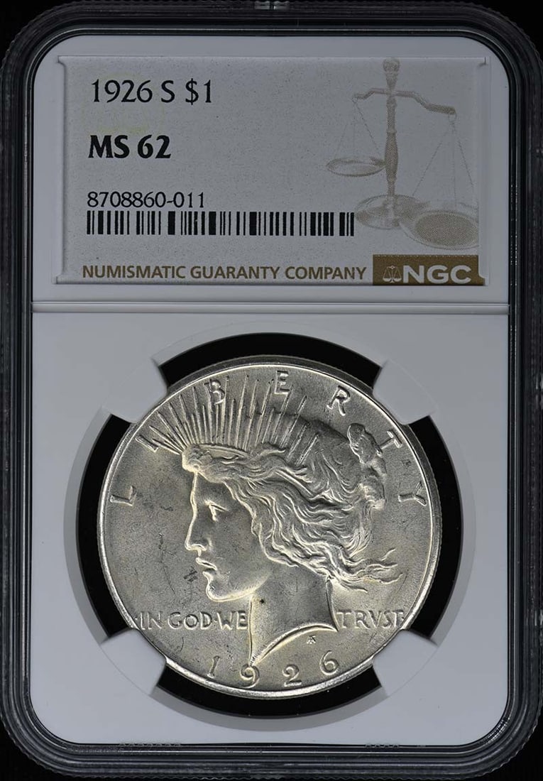 MS62 S$1 1926 Peace Dollar: MS62 S$1 1926 Peace Dollar The MS62 S$1 1926 Peace Dollar is a highly graded uncirculated coin, certified by the NGC. This 1926 issue boasts a high grade of MS62, indicating its exceptional condition 