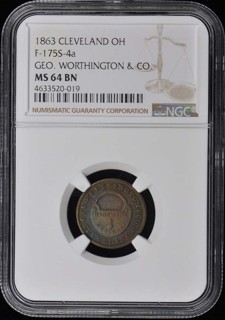 1863 CLEVELAND CWT MERCHANT TOKEN F-175S-4a OH NGC MS64BN: 1863 CLEVELAND CWT MERCHANT TOKEN F-175S-4a OH NGC MS64BN Uncirculated and graded MS64BN by the NGC, this 1863 Cleveland CWT Merchant Token boasts a rich history as a rare and valuable piece of numism