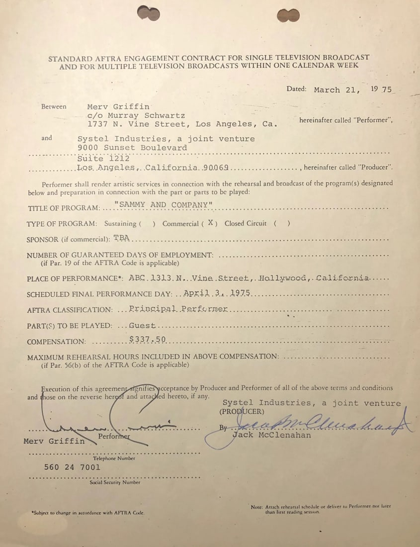 Merv Griffin Autographed Contract (JSA): Merv Griffin Autographed Contract (JSA) Signed in black pen across the contract, this Merv Griffin autographed document bears his signature. Accompanied by a COA from James Spence Authentication (JSA)