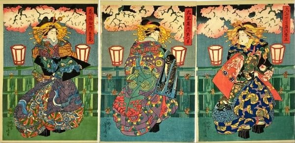 Ichibaisai Yoshiharu Woodblock Print Triptych Meiji Era Courtesans Ukiyo e Art (1 of 1)