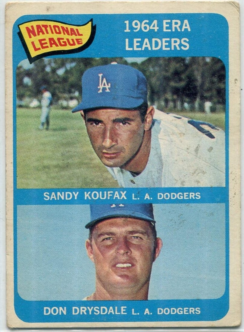 National League ERA Leaders Sandy Koufax & Don Drysdale 1965 Topps Card #8: National League ERA Leaders Sandy Koufax & Don Drysdale 1965 Topps Card #8 Sandy Koufax and Don Drysdale, two Hall of Fame pitchers, lead the National League in ERA in 1965. This iconic Topps card fea