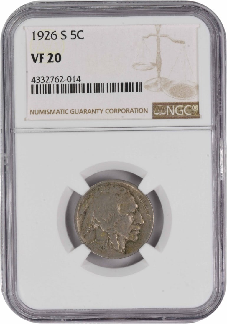 1926-S Buffalo Nickel VF20 NGC: 1926-S Buffalo Nickel VF20 NGC The 1926-S Buffalo Nickel features a striking design by James Earle Fraser, with its distinctive buffalo nickel motif. This circulated coin has been certified by the NGC