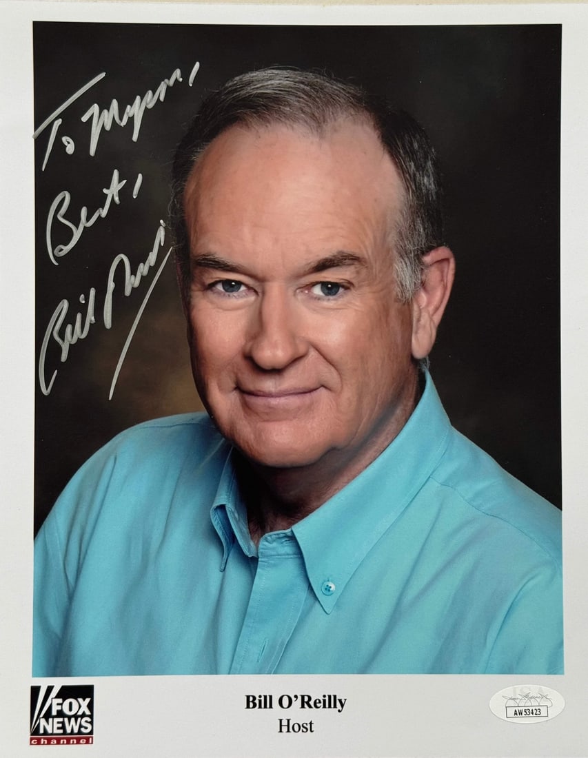 O'Reilly Bill Autographed Celebrity 8x10 Photo JSA: O'Reilly Bill Autographed Celebrity 8x10 Photo JSA Bill O'Reilly's silver sharpie signature adds a touch of personality to this 8x10 celebrity photo, which bears the inscription "To Meyer Best" in his