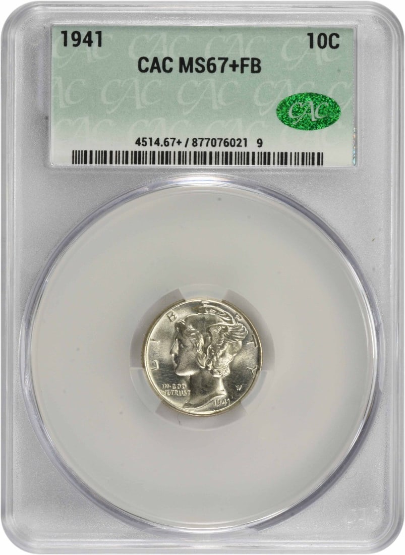 1941-P Mercury Silver Dime MS67FB CACG: 1941-P Mercury Silver Dime MS67FB CACG The 1941-P Mercury Silver Dime MS67FB CACG boasts an impressive grade of MS67, indicating exceptional mint state condition. This coin's Circulated/Uncirculated d