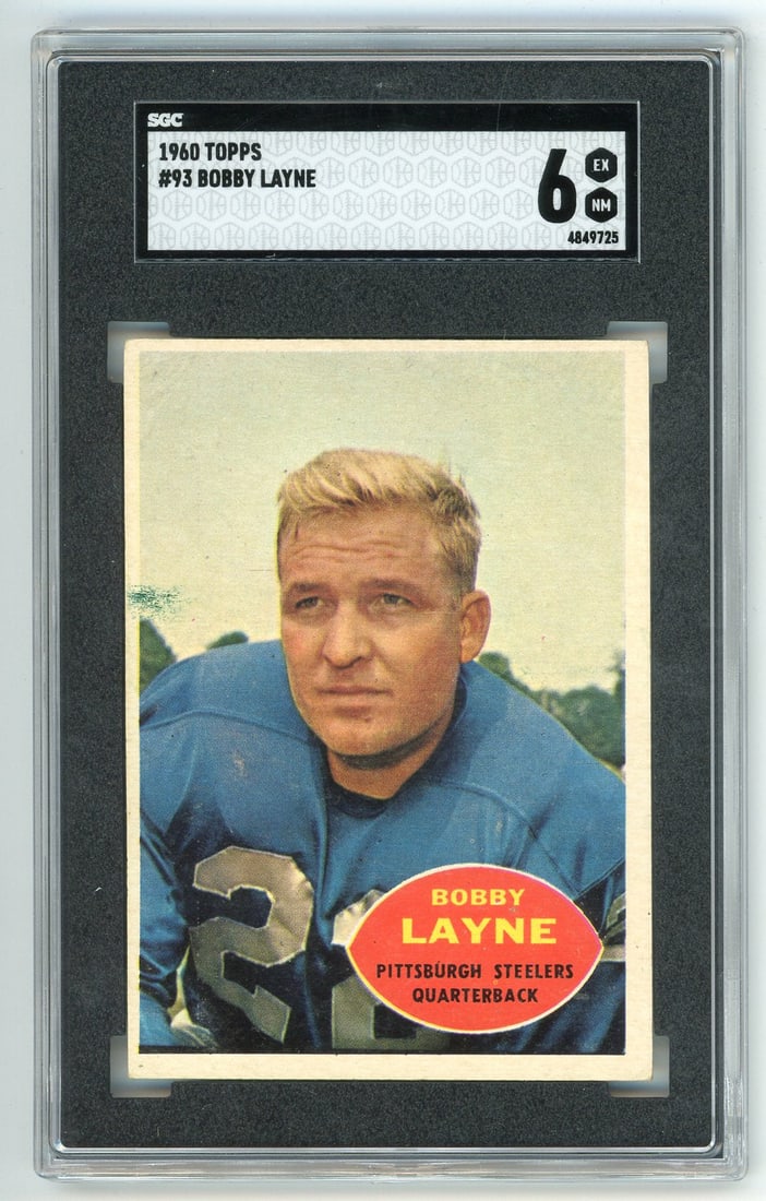 Bobby Layne 1960 Topps #93 SGC 6: Bobby Layne 1960 Topps #93 SGC 6 Item Specifics: Bobby Layne 1960 Topps #93 SGC 6 Product Disclaimer: Not affiliated with any team or league. Signatures are unverified unless a certificate is stated. 