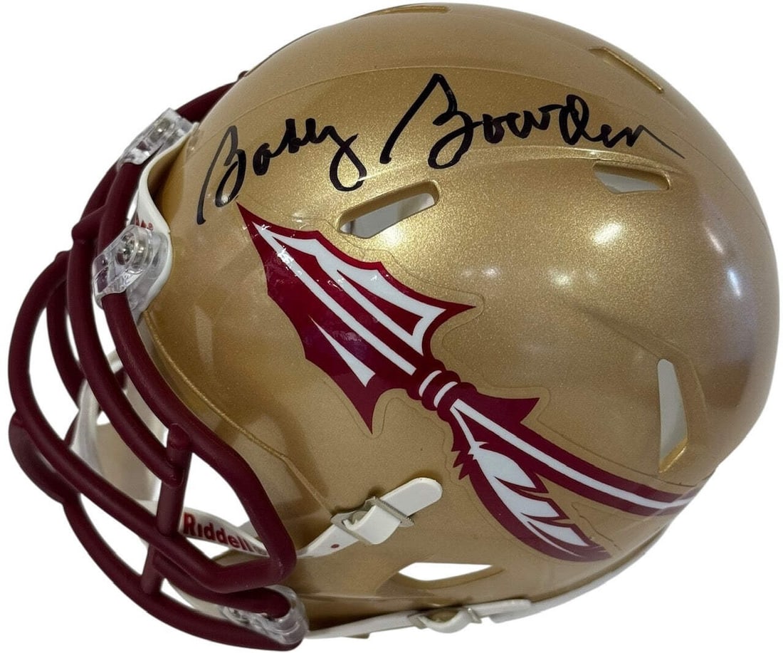 Bobby Bowden Autographed Florida State University Speed Mini Helmet (JSA): Bobby Bowden Autographed Florida State University Speed Mini Helmet (JSA) Bobby Bowden's signature in black sharpie adorns the side of this Florida State University Speed Mini Helmet, making it a uniq