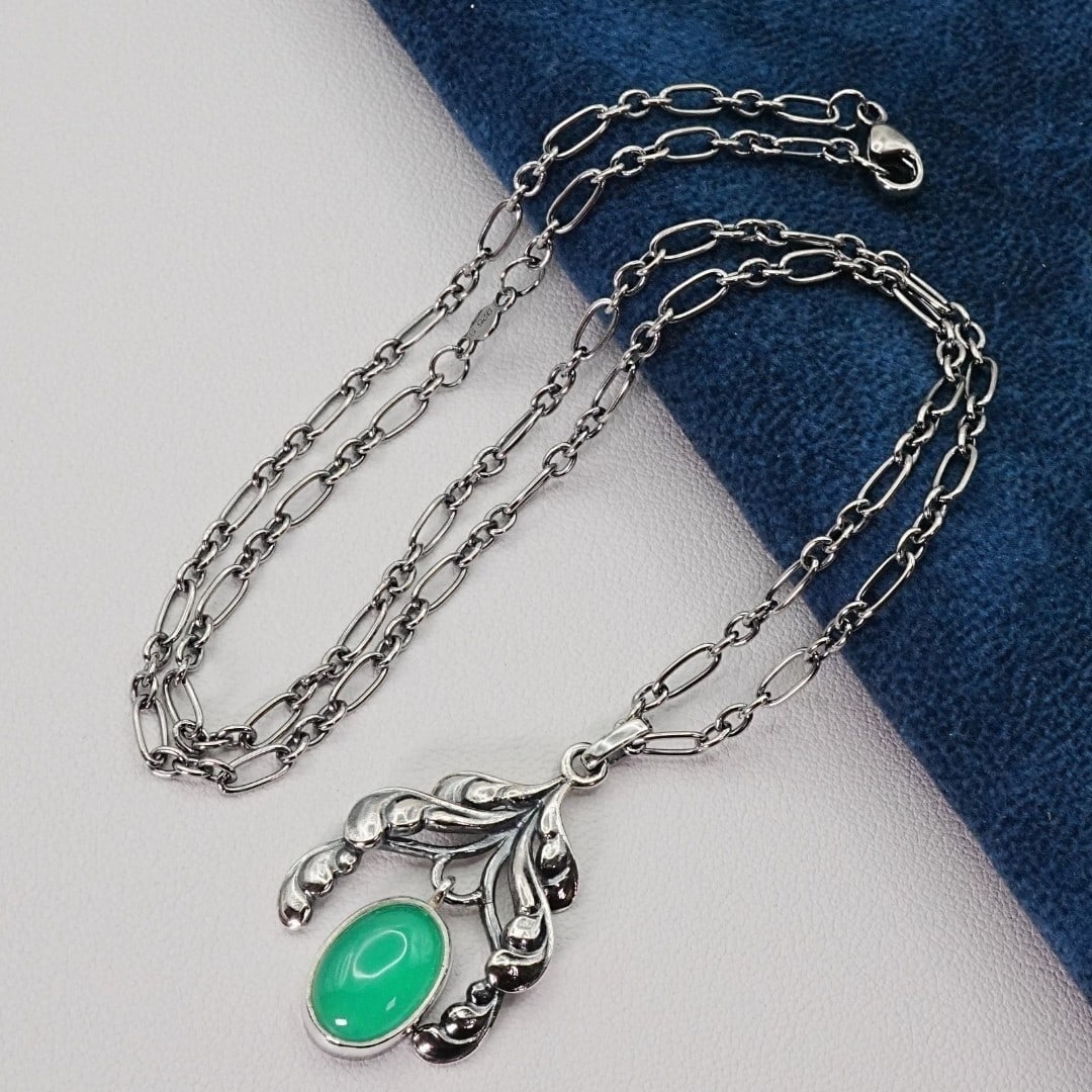 Green Chalcedony Necklace Sterling Silver Pendant by Georg Jensen (1 of 8)