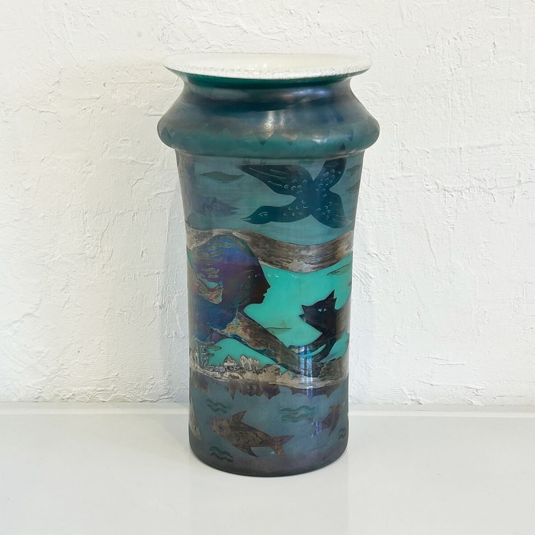 Blue Green Fish Motif Glass Vase Eisch Art Studio Vintage Germany (1 of 10)