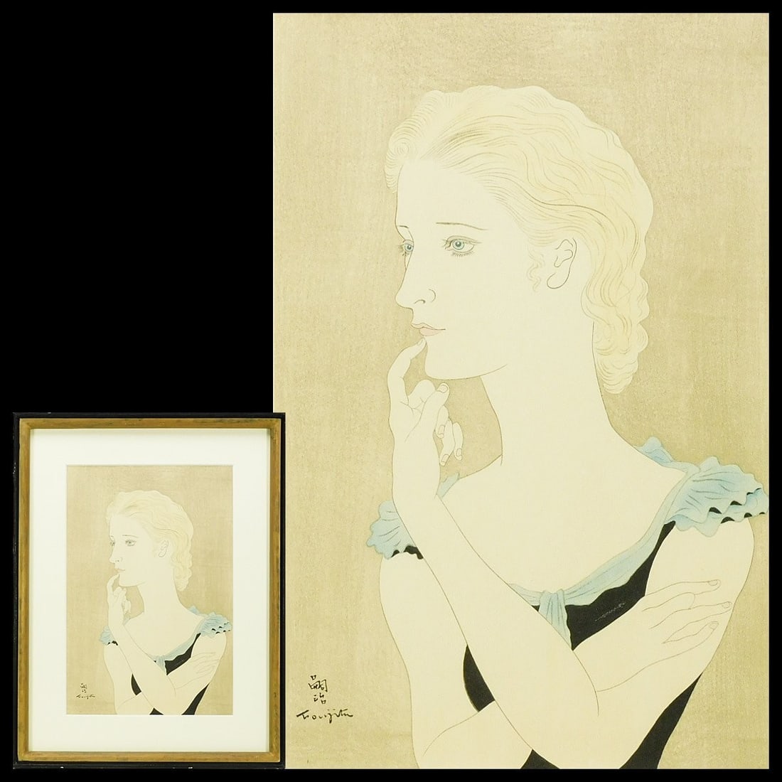 Foujita Tsuguharu Woodblock Print Young French Woman Museum Mark, Framed (1 of 9)