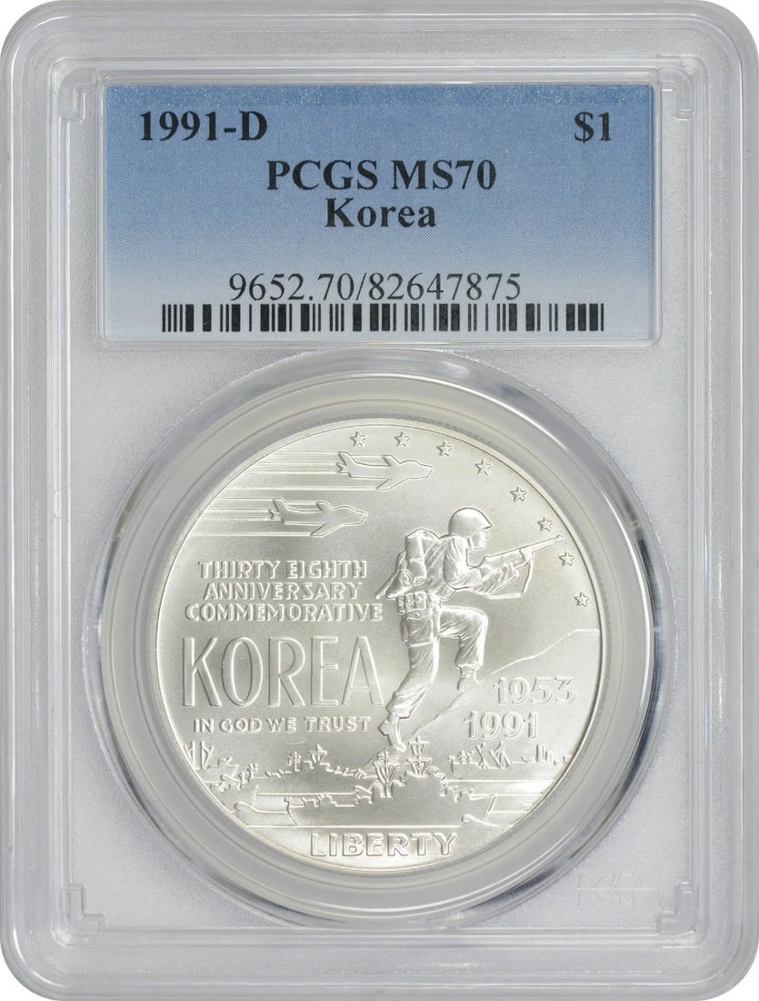 1991-D Korea Silver Commemorative Dollar MS70 PCGS Mint State 70: 1991-D Korea Silver Commemorative Dollar MS70 PCGS Mint State 70 The 1991-D Korea Silver Commemorative Dollar MS70 PCGS features a stunning Mint State 70 grade, showcasing exceptional detail and luste