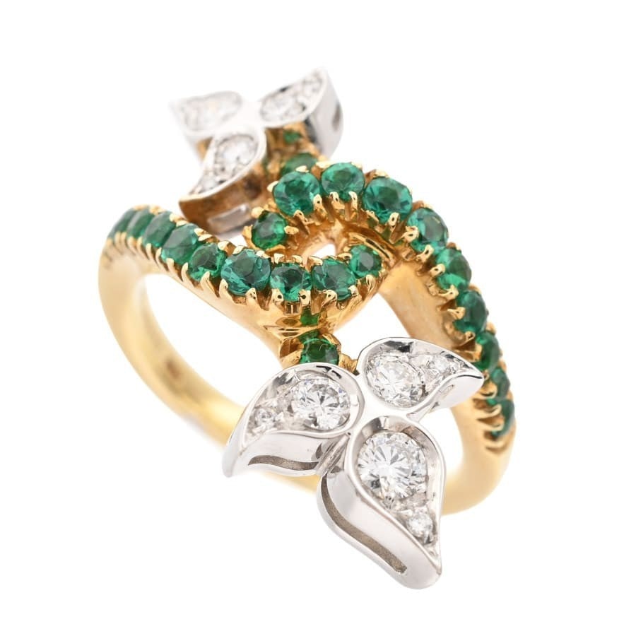 Picchiotti Emerald Diamond Flower 18k Yellow White Gold Bypass Ring Italy: Picchiotti Emerald Diamond Flower 18k Yellow White Gold Bypass Ring Italy Item Specifics: Antique: No Shape: Flower Occasion: Anniversary Birthday Christening Christmas Engagement Father"s Day Graduat