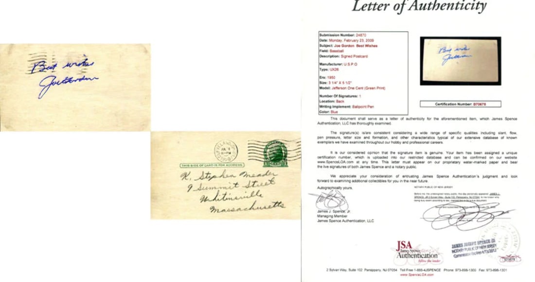 Joe Gordon Best Wishes Autographed Goverment Postcard (1 of 1)