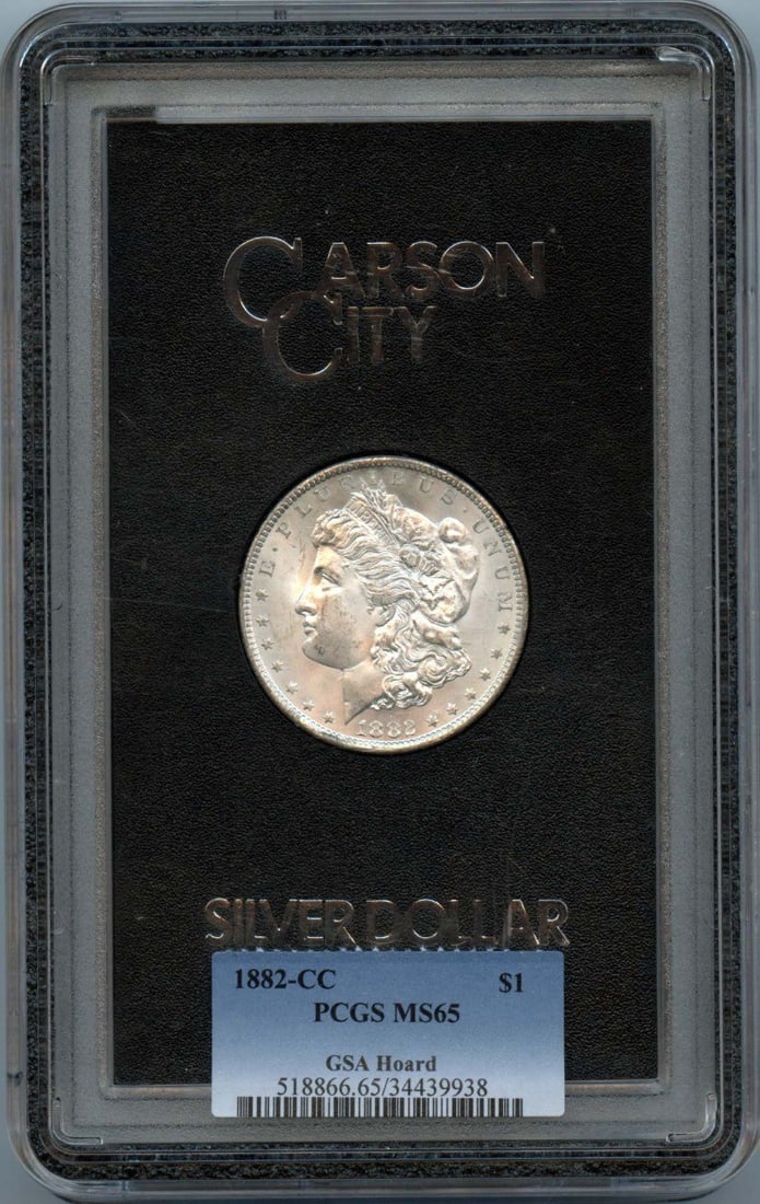 1882-CC Morgan Dollar GSA HOARD S$1 PCGS MS65: 1882-CC Morgan Dollar GSA HOARD S$1 PCGS MS65 The 1882-CC Morgan Dollar GSA HOARD S$1 PCGS MS65 is an uncirculated coin with a high grade of MS65, certified by the Professional Coin Grading Service (P