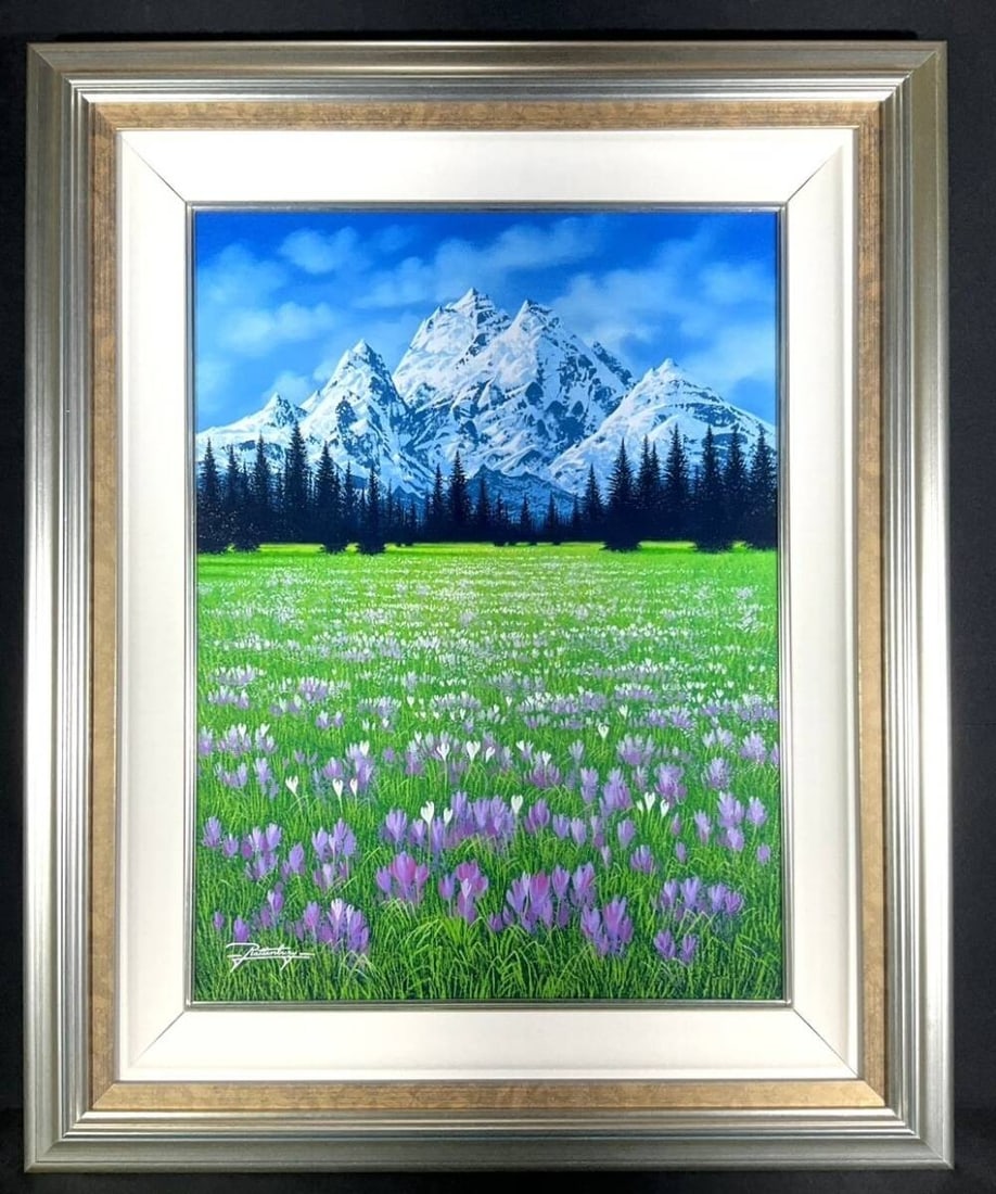 Oil painting mountain meadow landscape flowers original signed by Jon Rattenbury (1 of 10)