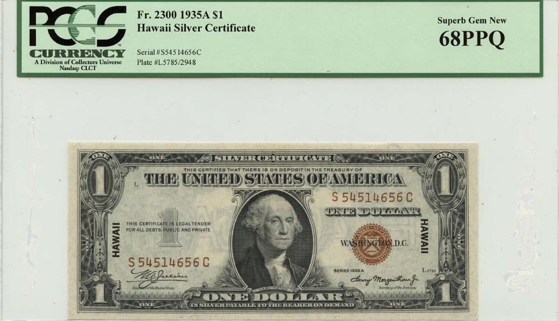1935A $1 Hawaii - WWII Emergency Fr# 2300 PMG Superb Gem 68EPQ: 1935A $1 Hawaii - WWII Emergency Fr# 2300 PMG Superb Gem 68EPQ The 1935A $1 Hawaii, graded MS68 by PCGS, boasts an exceptional level of detail and luster, characteristic of a Superb Gem. This Emergenc