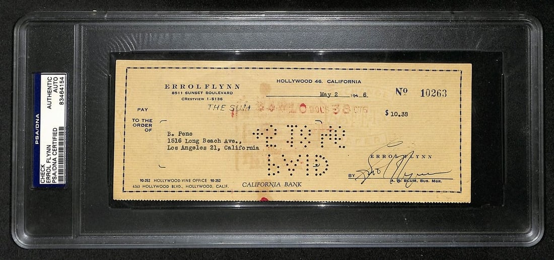 Errol Flynn Actor Signed/ Autographed 1946 Bank Check PSA/ DNA 203415: Errol Flynn Actor Signed/ Autographed 1946 Bank Check PSA/ DNA 203415 Item Specifics: Autograph Authentication: PSA/DNA Industry: Movies Original/Reproduction: Original Original/Reprint: Original Prod