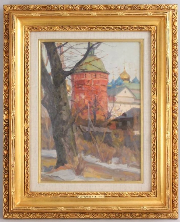 Oil painting framed in Soviet art from Zagorsk monastery by Nikolai I Barchenkov.: Oil painting framed in Soviet art from Zagorsk monastery by Nikolai I Barchenkov. Item Specifics: Artist: Nikolai Ivanovich Barchenkov (Nikolai Ivanovich Barchenkov) Unit Of Sale: Single Piece Signed 