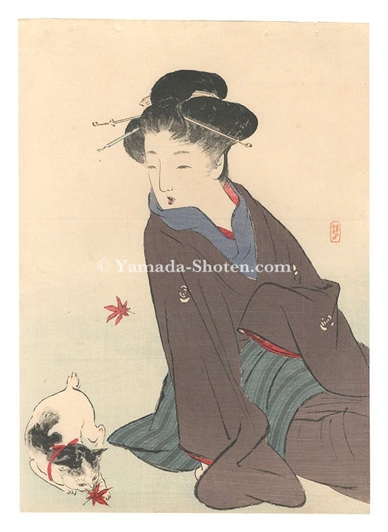 Takeuchi Keishu Original Woodblock Print Kuchi e 1911 Cat Illustration Art (1 of 1)