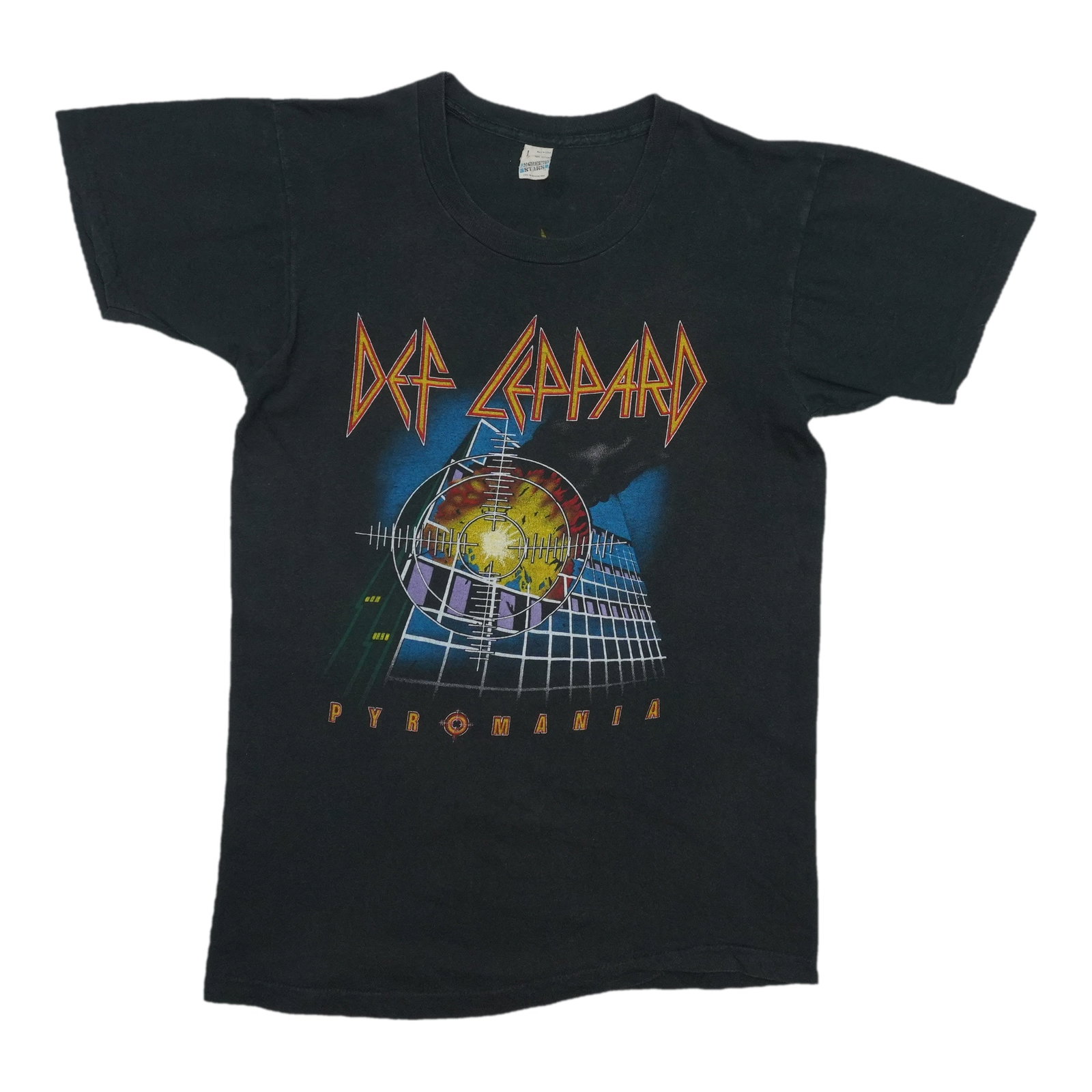 Pyromania Tour Shirt 1983 Def Leppard: Pyromania Tour Shirt 1983 Def Leppard Large, 100% cotton Pyromania Tour Shirt from 1983 Def Leppard. This original vintage shirt features a classic design with a black color and measures 17" pit to pi