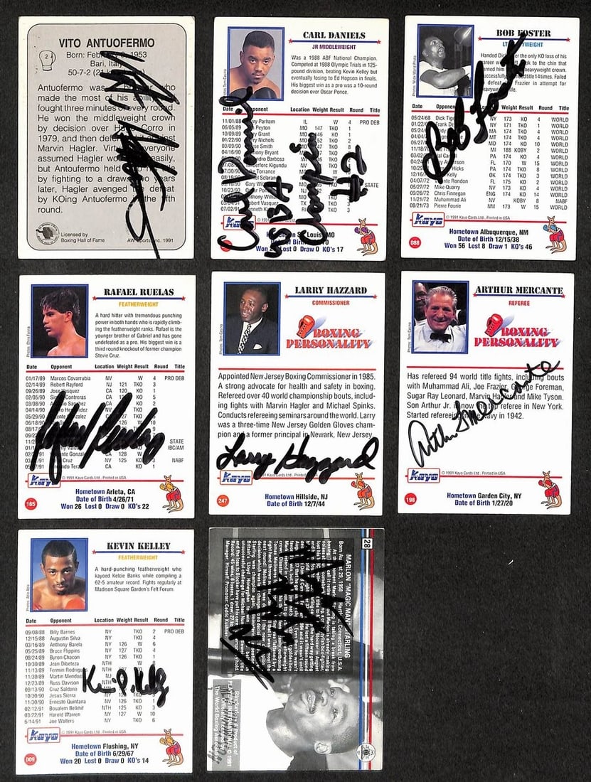 Lot of (8) Signed/ Autographed Boxing Cards Hazzard Mercante Foster 210811: Lot of (8) Signed/ Autographed Boxing Cards Hazzard Mercante Foster 210811 Eight signed boxing cards featuring Hazzard Mercante, Foster, and other notable boxers. Each card bears the signature of its 