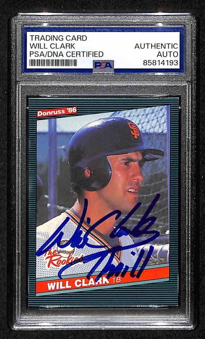Will Clark 1986 Donruss The Rookies Card #32 Signed/ Auto PSA/ DNA Giants BA209412: Will Clark 1986 Donruss The Rookies Card #32 Signed/ Auto PSA/ DNA Giants BA209412 Will Clark, the Hall of Fame third baseman, signs his name on card #32 from the 1986 Donruss The Rookies set. This au