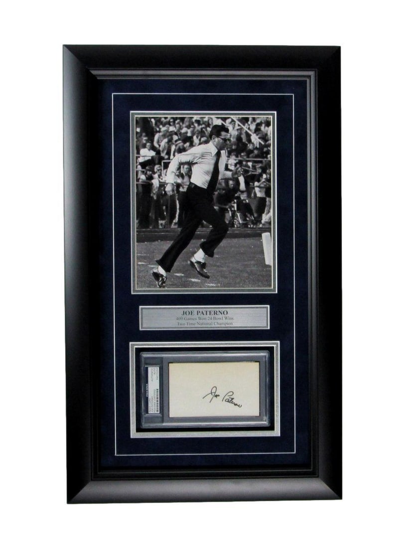 Joe Paterno Penn State Signed 3x5 Index Card w/ 8x10 Photo Framed PSA/ DNA 166692: Joe Paterno Penn State Signed 3x5 Index Card w/ 8x10 Photo Framed PSA/ DNA 166692 This signed 3x5 index card features the iconic signature of Joe Paterno, Penn State's legendary football coach. The it