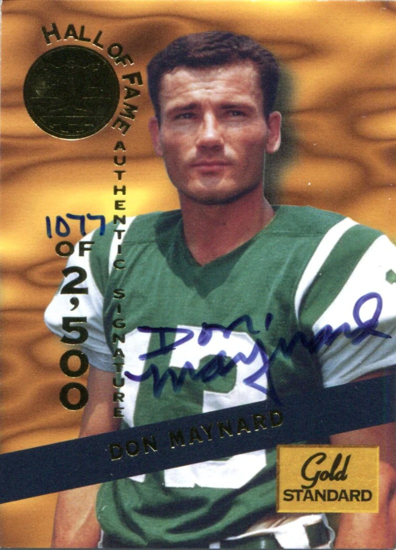 Maynard Don Autographed Signature Card 1994 Rookies Gold Standard: Maynard Don Autographed Signature Card 1994 Rookies Gold Standard Signed in blue sharpie across the front of the card, Don Maynard's signature adds a touch of authenticity to this 1994 Rookies Gold St