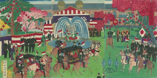 Chikanobu Meiji Woodblock Print Triptych Exhibition Opening Ceremony 1880s: Chikanobu Meiji Woodblock Print Triptych Exhibition Opening Ceremony 1880s Item Specifics: Artist: Toyohara Chikanobu Subject: Exhibition Opening Ceremony Material: Paper Style: Japanese Year Of Produ