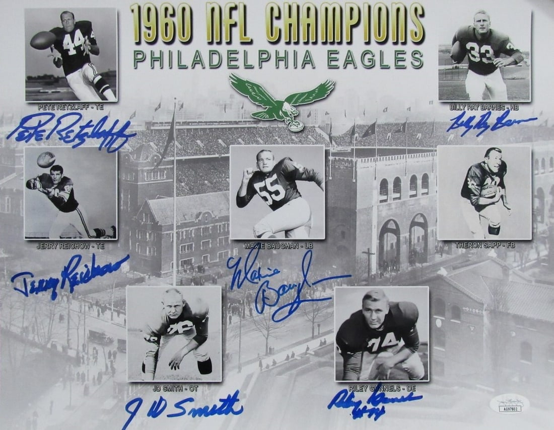 Philadelphia Eagles Multi-Autographed 1960 NFL Champions 11x14 Photo JSA 178300: Philadelphia Eagles Multi-Autographed 1960 NFL Champions 11x14 Photo JSA 178300 Authentic 1960 NFL Champions photo featuring the Philadelphia Eagles, multi-autographed by multiple players and verified