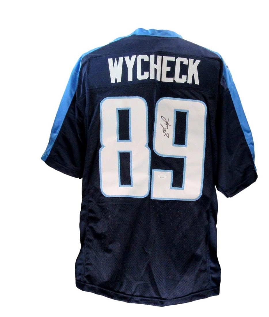Signed Jersey Football Custom Blue Titans Autographed By Frank Wycheck: Signed Jersey Football Custom Blue Titans Autographed By Frank Wycheck Signed blue jersey football custom by Frank Wycheck, an original product featuring the sport of football. This item bears a