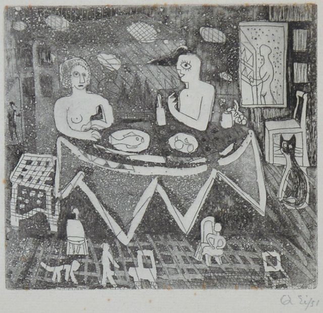 Ei Q Copperplate Etching Shokutaku The Dining Table Modern Japanese Art (1 of 1)