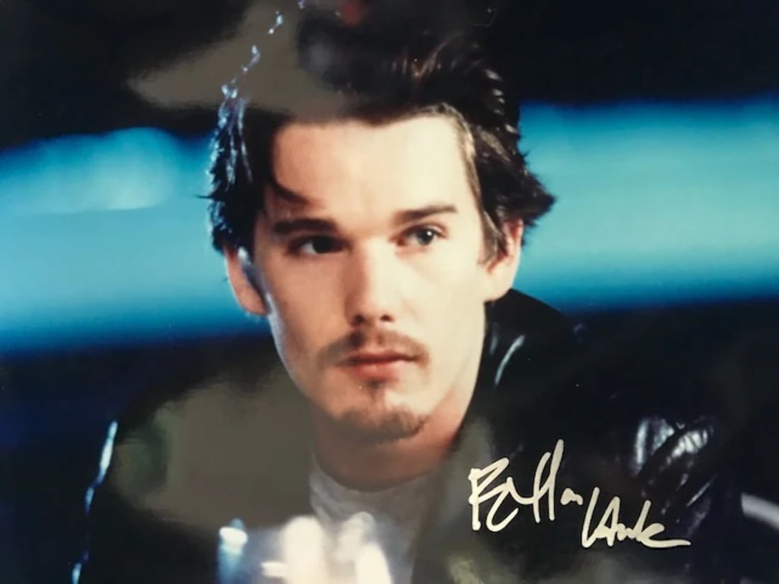 Hawke Ethan Autographed Celebrity Photo 8x10: Hawke Ethan Autographed Celebrity Photo 8x10 Ethan Hawke's silver sharpie signature adds a touch of elegance to this 8x10 celebrity photo, capturing his unique presence. The photo itself is a