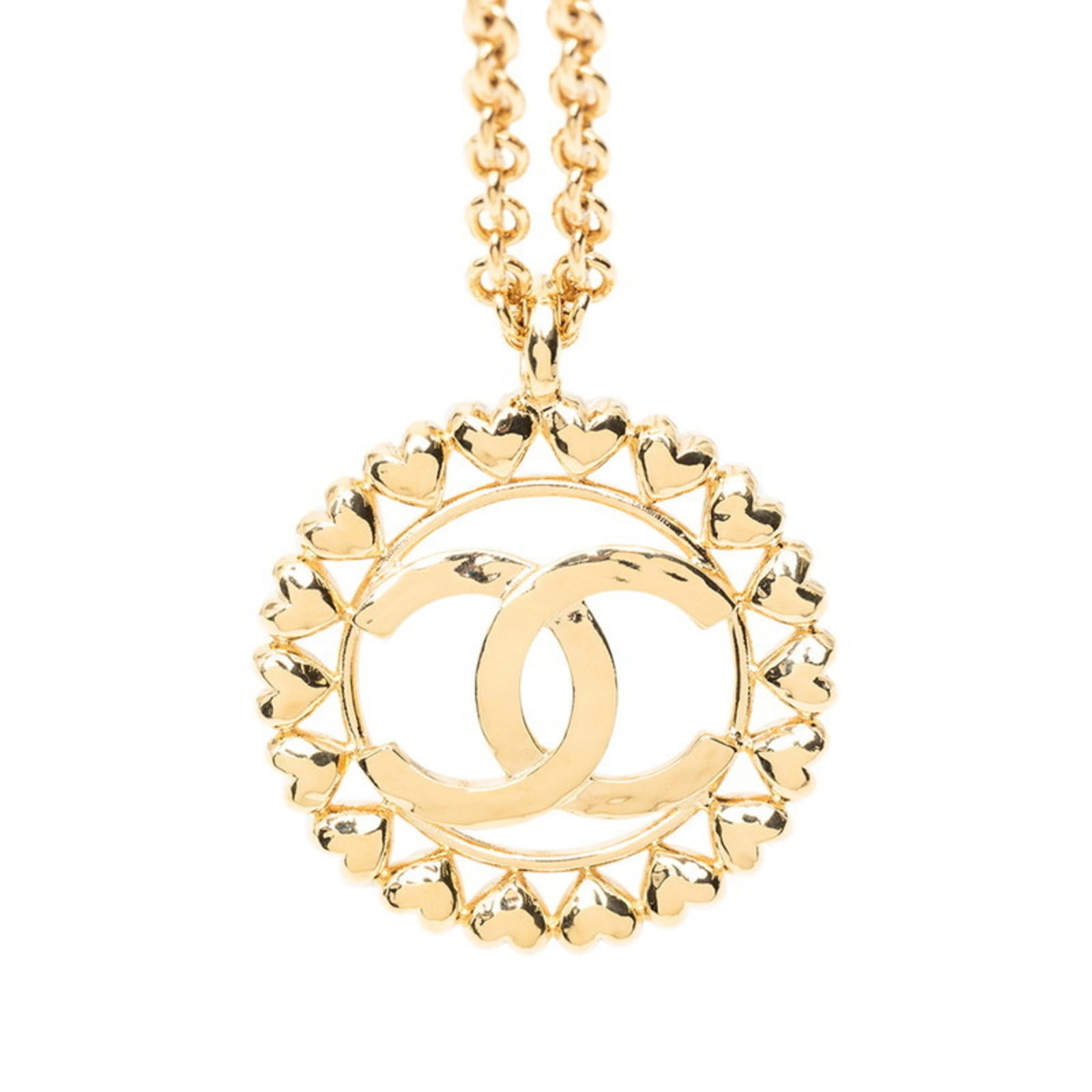 Chanel Women's Gold Plated Heart Motif Necklace Coco Mark: Chanel Women's Gold Plated Heart Motif Necklace Coco Mark Gold plating gives this Chanel Women's Gold Plated Heart Motif Necklace its sleek, modern look. The necklace features a 44mm x 44mm heart-shap