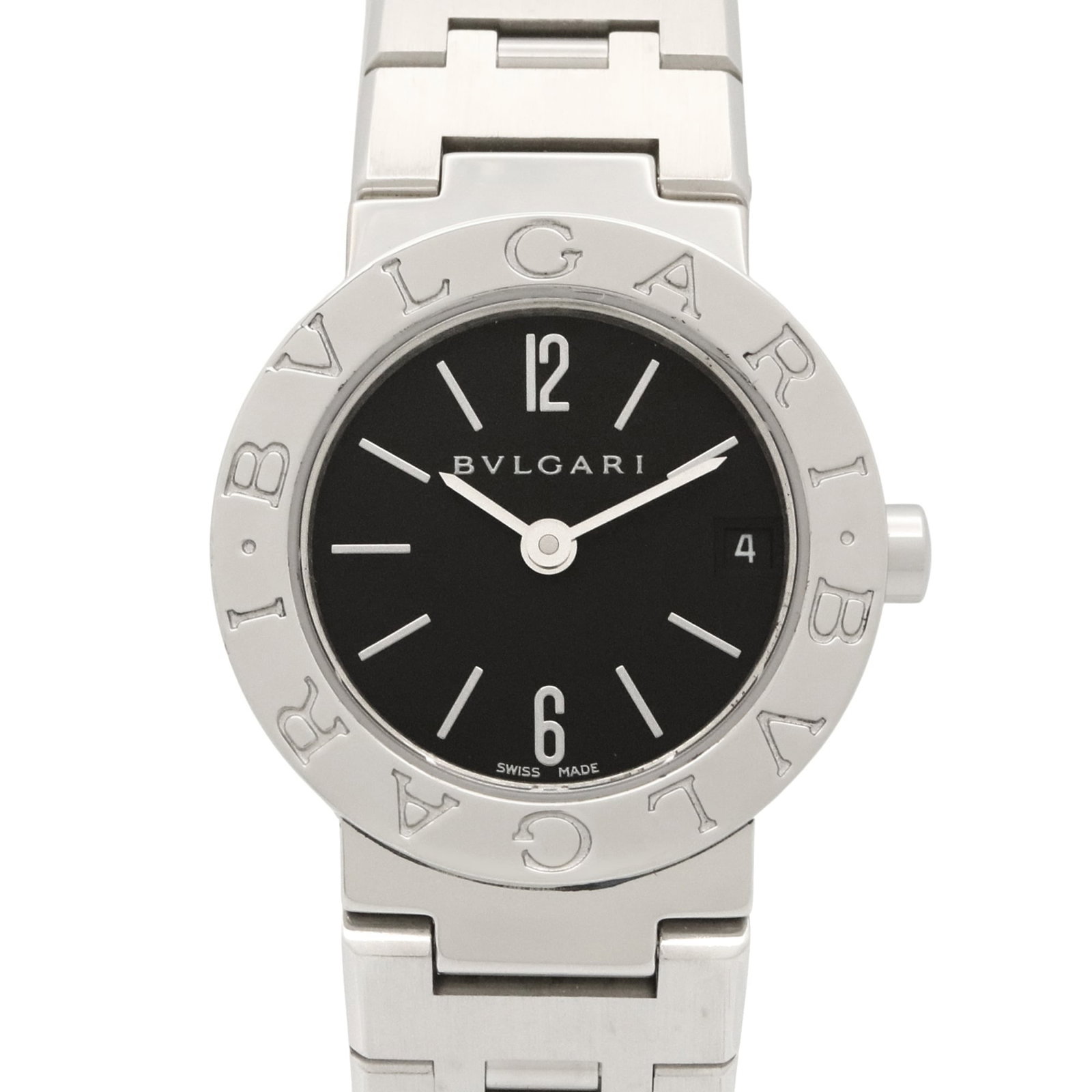 Bvlgari Wristwatch: Bvlgari Wristwatch Stainless steel case and band provide a sleek, modern look for the Bvlgari wristwatch. The black dial stands out against the neutral background, while the quartz movement ensures