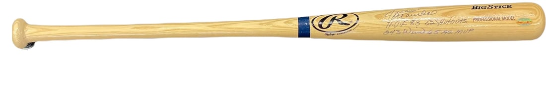 Juan Marichal Autographed Multi Inscribed Rawlings Big Stick Bat (BVG): Juan Marichal Autographed Multi Inscribed Rawlings Big Stick Bat (BVG) Signed in blue across the barrel, this Rawlings Big Stick Bat bears multiple inscriptions, including "HOF 83, 52 Shutouts, 243