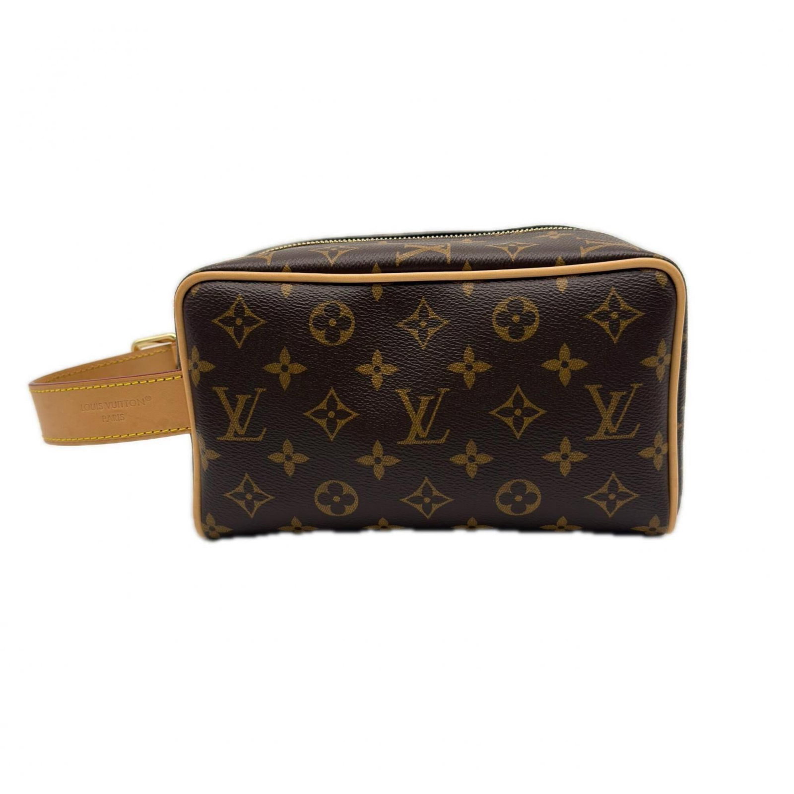 Canvas leather clutch bag from Louis Vuitton: Canvas leather clutch bag from Louis Vuitton This Louis Vuitton Monogram canvas leather clutch bag boasts a timeless design with its classic beige and brown color combination. Measuring just 13cm x