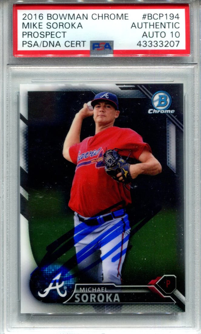 Mike Soroka 2016 Bowman Chrome Autographed Card (PSA): Mike Soroka 2016 Bowman Chrome Autographed Card (PSA) PSA graded 10, this Mike Soroka 2016 Bowman Chrome Autographed Card features an autograph from the talented pitcher. The card showcases Soroka's i