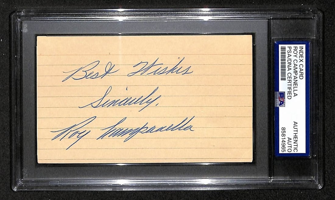 Roy Campanella Dodgers HOF Signed/ Autographed 3x5 Index Card PSA/ DNA BA209453: Roy Campanella Dodgers HOF Signed/ Autographed 3x5 Index Card PSA/ DNA BA209453 Signed by Roy Campanella, the legendary catcher for the Brooklyn Dodgers, this 3x5 index card bears his distinctive sign