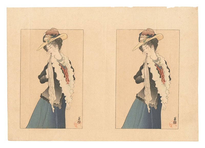 Hirezaki Eiho 1913 Japanese Woodblock Kuchi e Print Frontispiece Art: Hirezaki Eiho 1913 Japanese Woodblock Kuchi e Print Frontispiece Art Item Specifics: Artist: Hirezaki Eiho Subject: Bijin-ga / Literary Illustration Material: Paper Style: Japanese Size: 23 x 32.6 cm 