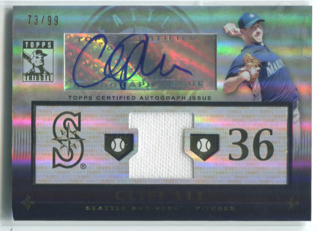 2010 Topps Tribute #TAR-CL3 Cliff Lee Autographed Card 73/ 99: 2010 Topps Tribute #TAR-CL3 Cliff Lee Autographed Card 73/ 99 Cliff Lee's autographed card from the 2010 Topps Tribute set, graded #TAR-CL3 with a low print run of 99. This rare collectible features a