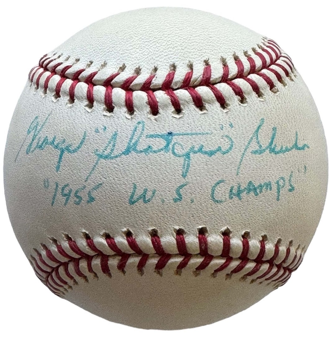 George Shuba Shotgun Autographed Official Major Baseball: George Shuba Shotgun Autographed Official Major Baseball George Shuba's official Major League Baseball, signed in blue pen across the sweet spot with the inscription "1955 WS Champs". This unique piec