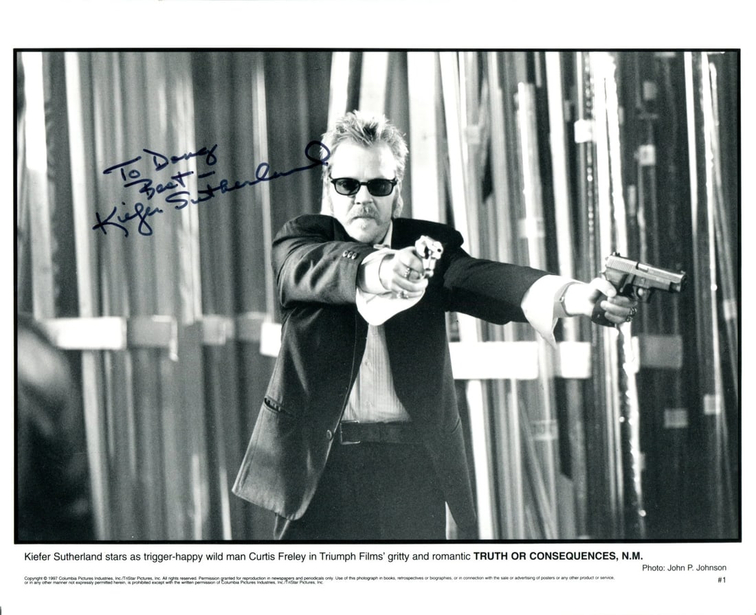 Sutherland Kiefer Autographed 8x10 Photo: Sutherland Kiefer Autographed 8x10 Photo Kiefer Sutherland's sharpie signature adds a touch of authenticity to this rare 8x10 photo. The image itself is a unique capture, and the black ink signature a